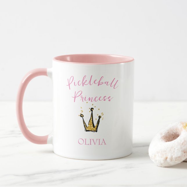 Pickleball Princess Gold Glitter Tiara Pink Custom Mug (With Donut)