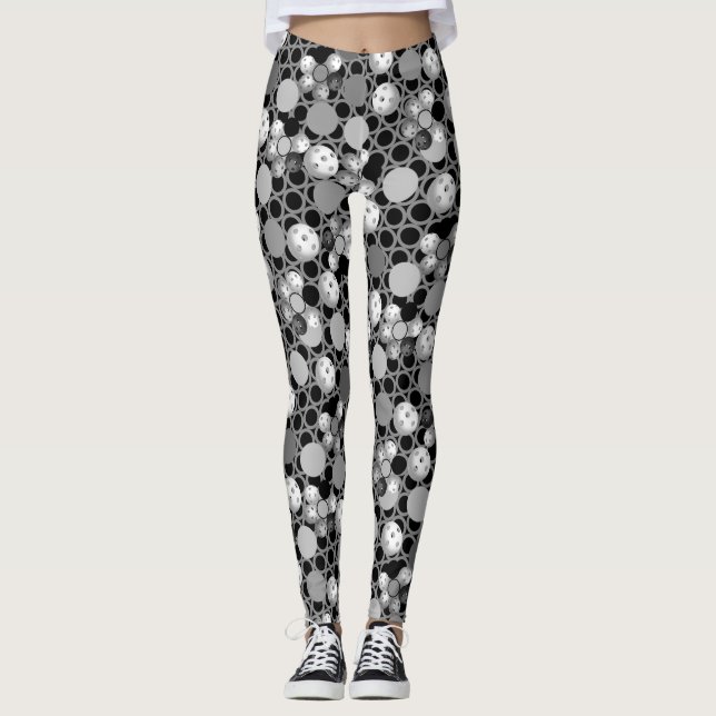 Pickleball Print, Black, White and Grey Leggings (Front)