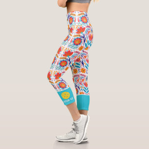 Pickleball Print Fun Colourful Flowers Custom Text Capri Leggings