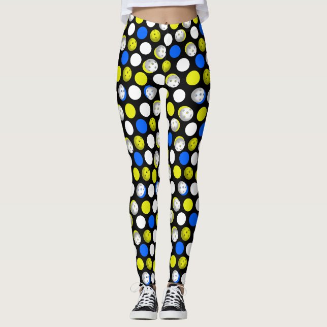 Pickleball Print - green white blue polka dots Leggings (Front)
