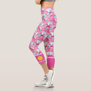 Pickleball Print, Pink Floral Design Custom Text Capri Leggings