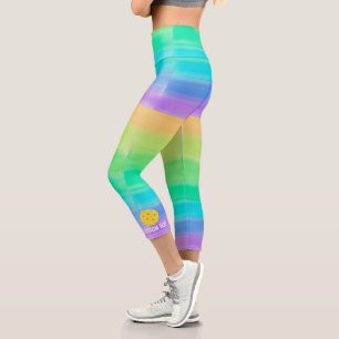 Pickleball Print Rainbow Watercolor Custom Text Capri Leggings