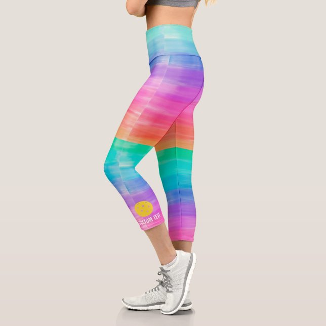 Pickleball Print Rainbow Watercolor Custom Text Capri Leggings (Left)