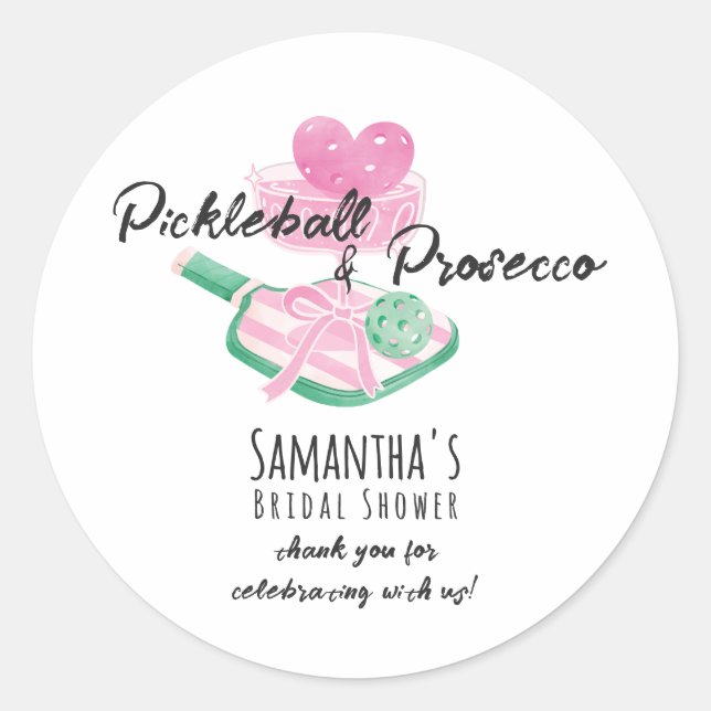 Pickleball & Prosecco Retro Couples Bridal Shower Classic Round Sticker (Front)
