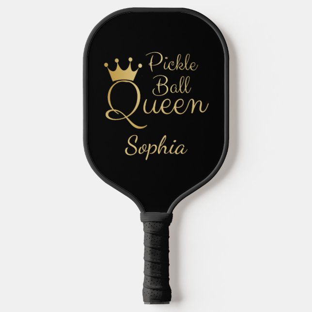 Pickleball Queen Black and Gold With Name Pickleball Paddle (Front)