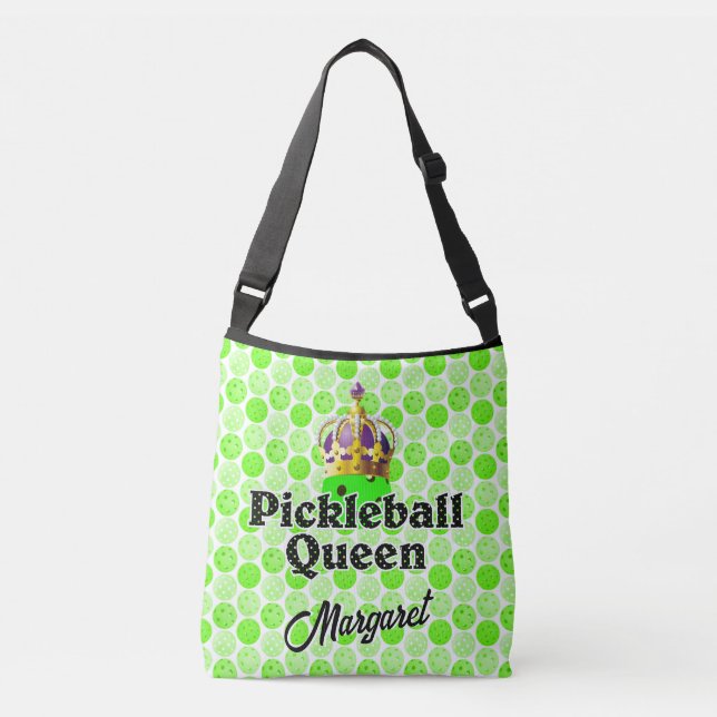 Pickleball Queen - Green Pickleball Wearing Crown Crossbody Bag (Front)