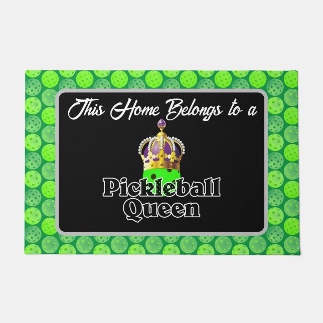 Pickleball Queen - Green Pickleball Wearing Crown Doormat (Front)