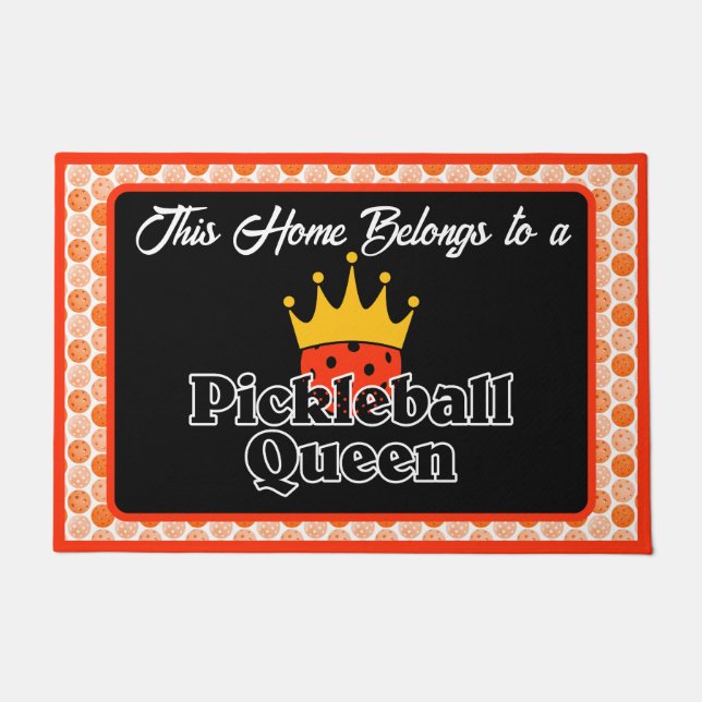 Pickleball Queen - Orange Pickleball Wearing Crown Doormat (Front)