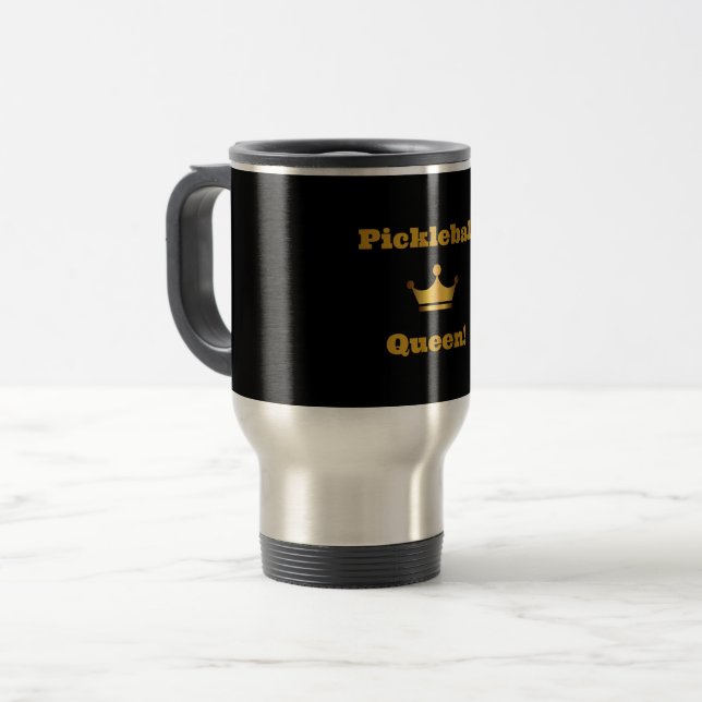 Pickleball Queen travel mug - black with gold (Front Left)