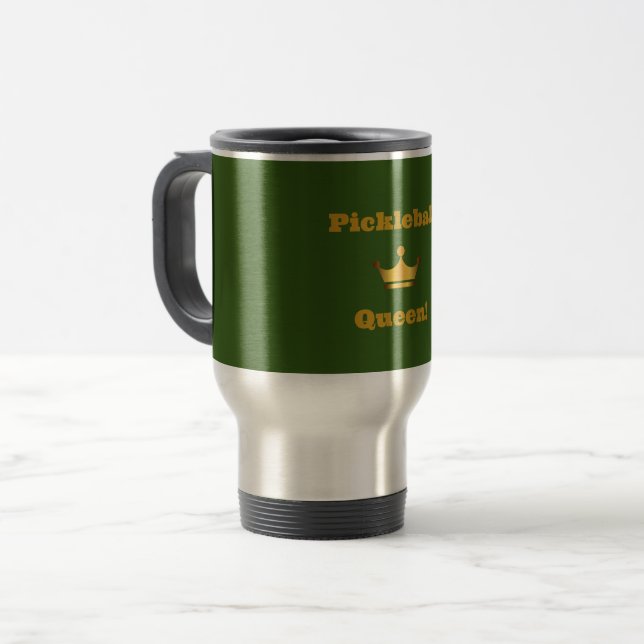 “Pickleball Queen” travel mug - green with gold (Front Left)