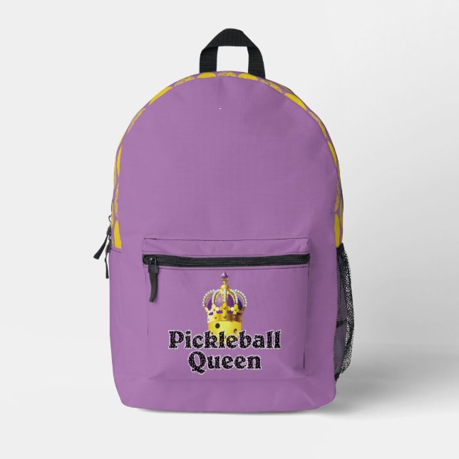 Pickleball Queen Yellow Ball Purple Gold Crown Printed Backpack (Front)