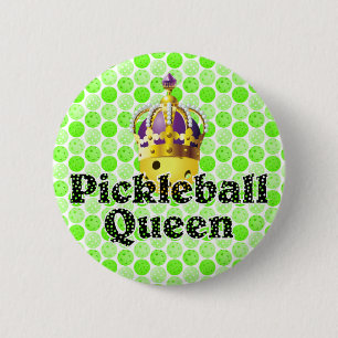 Pickleball Queen Yellow Ball Wearing Crown Purple  6 Cm Round Badge