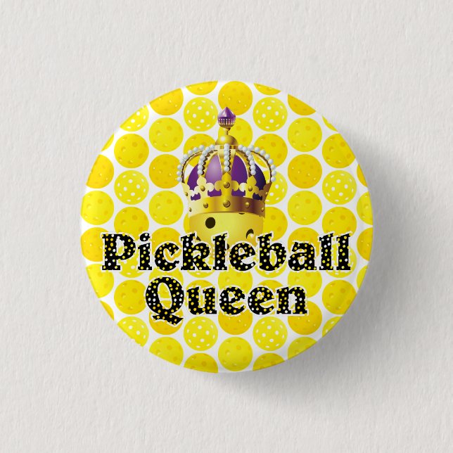 Pickleball Queen - Yellow Pickleball Wearing Crown 3 Cm Round Badge (Front)