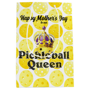 Pickleball Queen - Yellow Pickleball Wearing Crown Medium Gift Bag