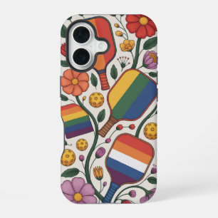 Pickleball Rainbow Flag Paddles With Flowers iPhone 16 Case