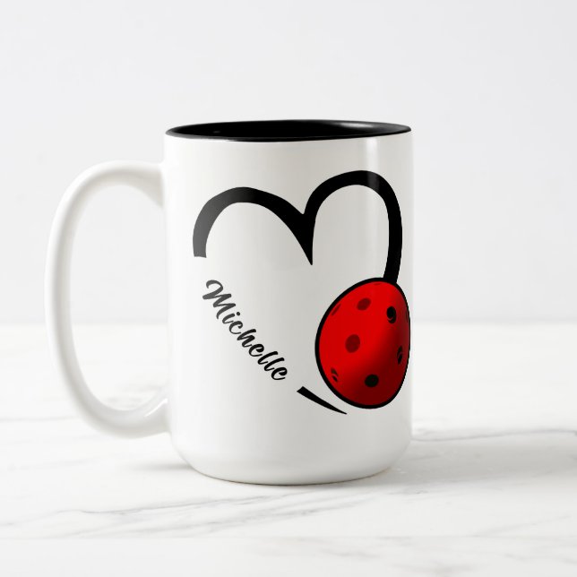 Pickleball Rating Personalized Heart Red and White Two-Tone Coffee Mug (Left)