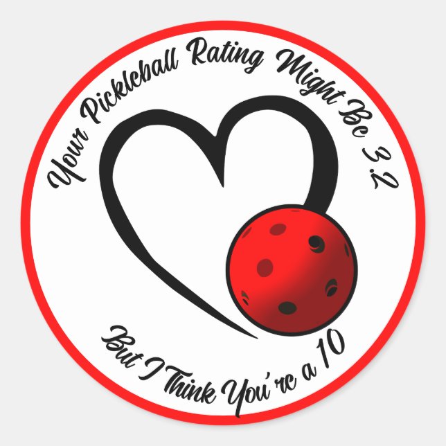 Pickleball Rating Valentine Heart Red and White Classic Round Sticker (Front)