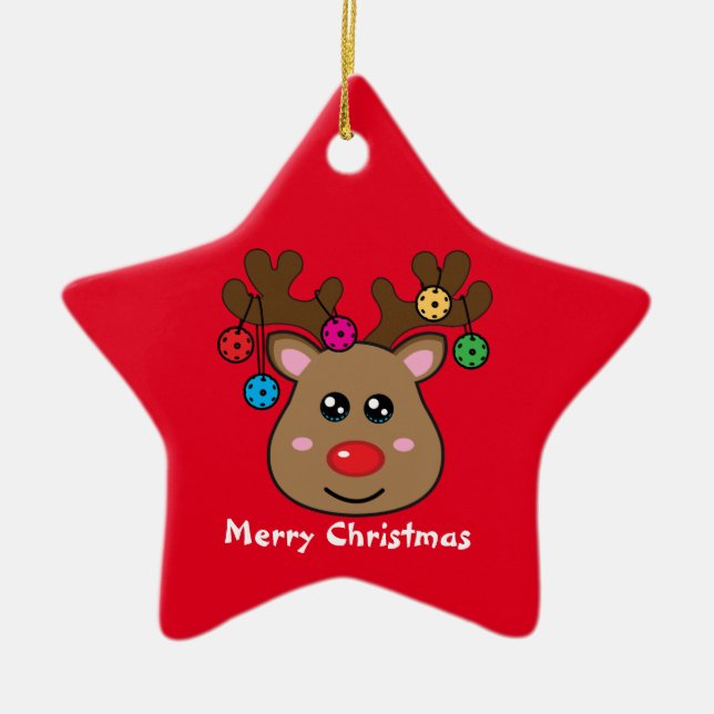 Pickleball  Reindeer 🎄 ⭐Star shaped Ceramic Tree Decoration (Front)