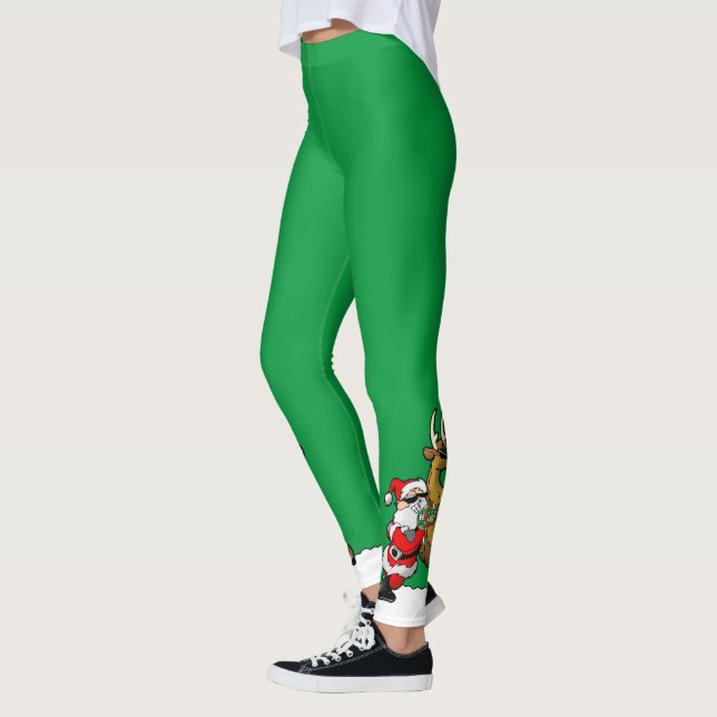 Pickleball Santa and Reindeer Christmas Cool Green Leggings (Left)