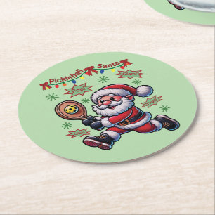Pickleball Santa Claus Christmas Round Paper Coaster
