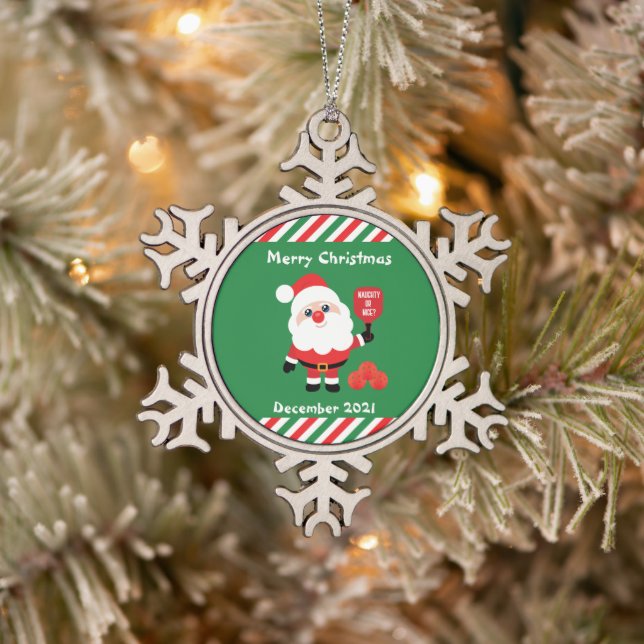 Pickleball🎅 Santa  Snowflake Pewter Christmas Ornament (Tree)