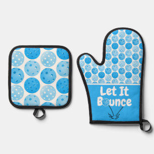 Pickleball Serve Let It Bounce Blue Personalised Oven Mitt & Pot Holder Set