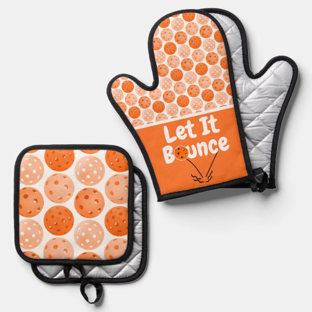 Pickleball Serve Let It Bounce Orange Personalised Oven Mitt & Pot Holder Set (Front/Back)