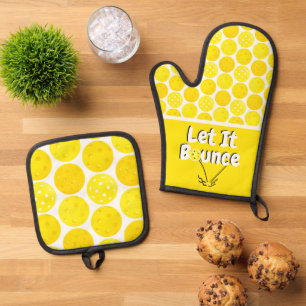 Pickleball Serve Let It Bounce Yellow Personalised Oven Mitt & Pot Holder Set