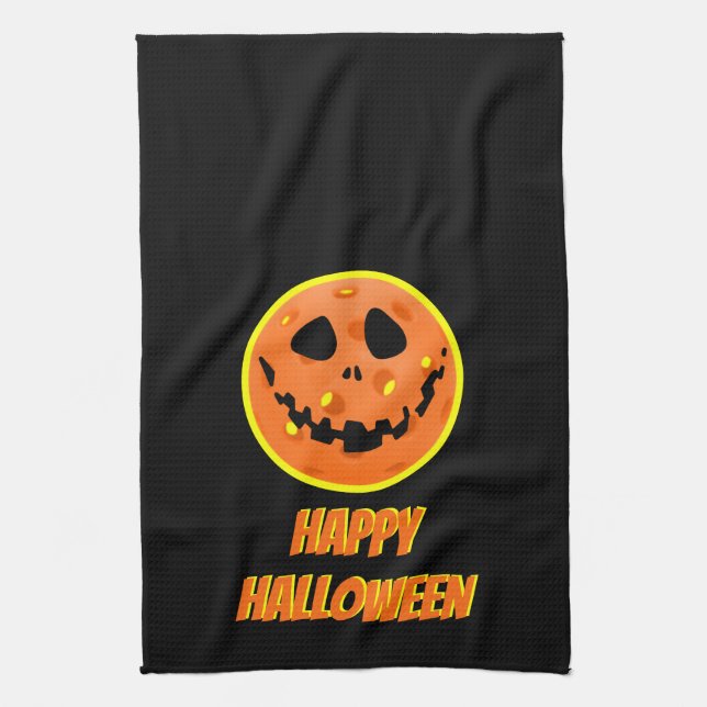 Pickleball Skeleton Jack-o'-Lantern Halloween Tea Towel (Vertical)