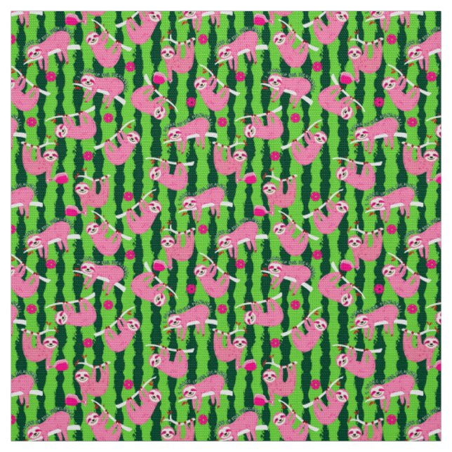 Pickleball sloths on watermelon background fabric (Swatch)