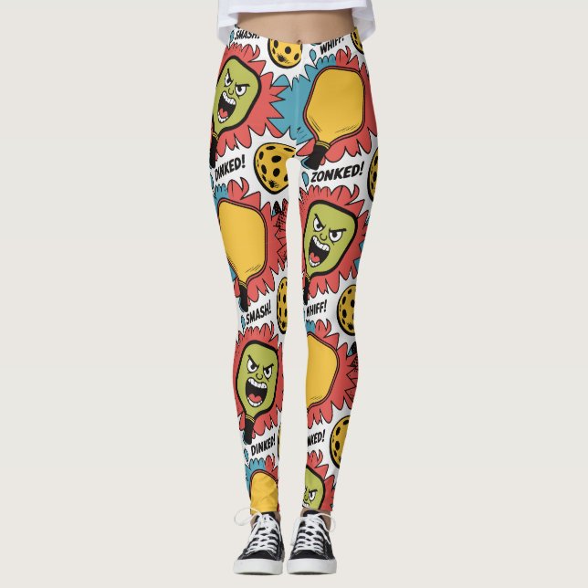 Pickleball SMASH WHIFF Comic Burst Dinked Leggings (Front)