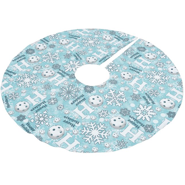 Pickleball Snowballs Blue and White Happy Holidays Brushed Polyester Tree Skirt (Angled)
