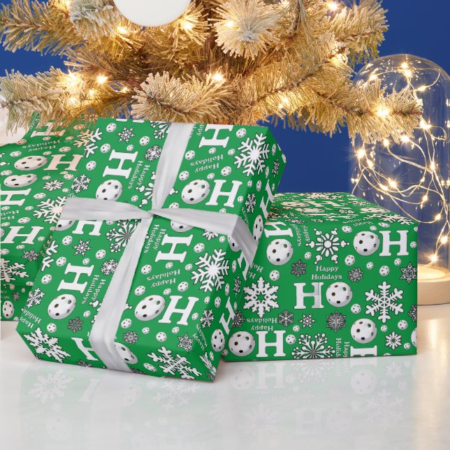 Pickleball Snowballs on Pine Green Happy Holidays Wrapping Paper (Holidays)