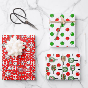 Pickleball Snowballs Ornaments & Paddles Red Green Wrapping Paper Sheet