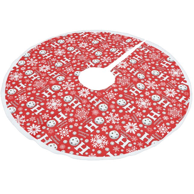 Pickleball Snowballs Snowflakes Red Happy Holidays Brushed Polyester Tree Skirt (Angled)