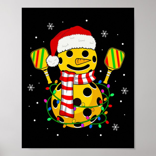 Pickleball Snowman Santa Hat Lights Christmas Pick Poster (Front)