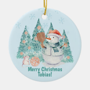 Pickleball Snowmen, minty Christmas  Ceramic Tree Decoration
