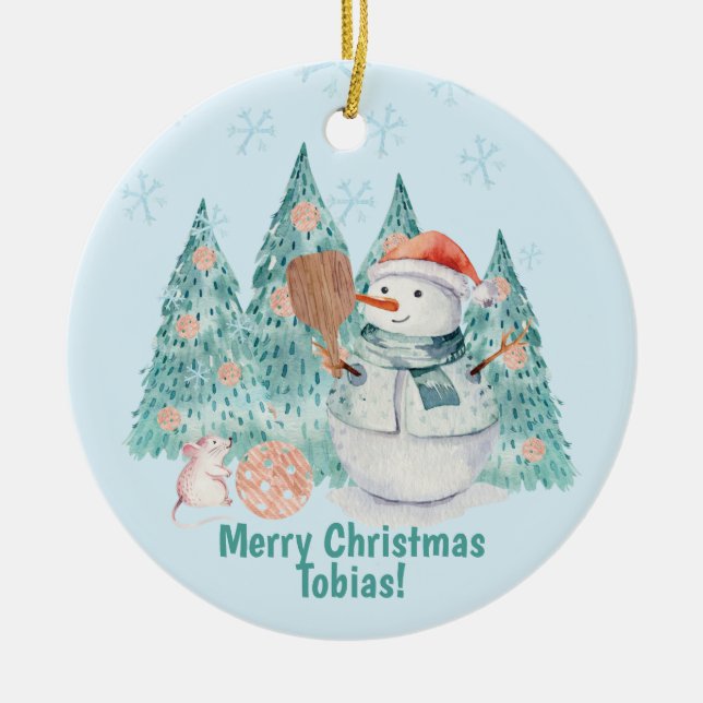 Pickleball Snowmen, minty Christmas  Ceramic Tree Decoration (Front)