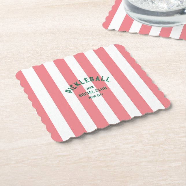 Pickleball Social Club Pink Cabana Stripe Party Paper Coaster (Angled)