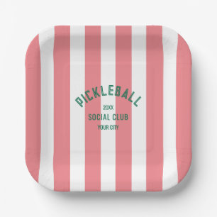 Pickleball Social Club Pink Cabana Stripe Party Paper Plate