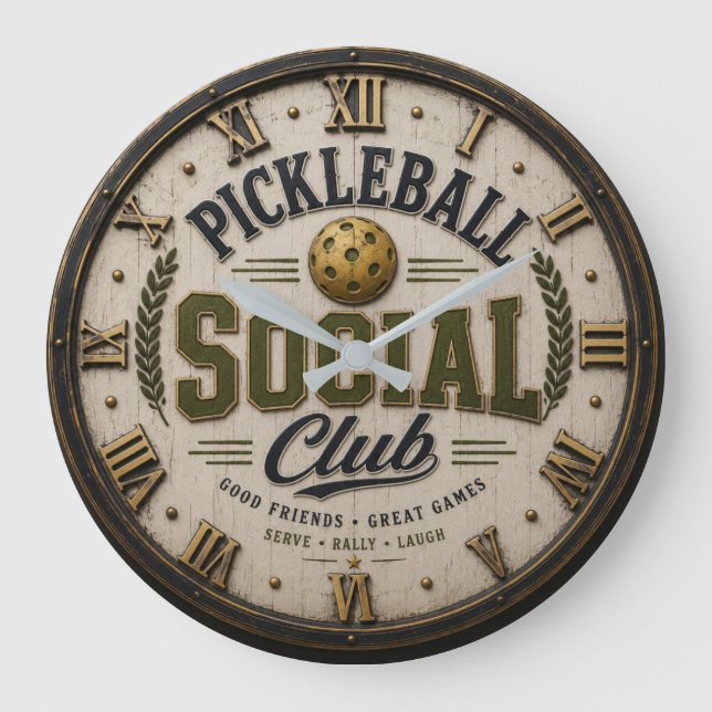 Pickleball Social Club Rustic Player Gift  Large Clock (Front)