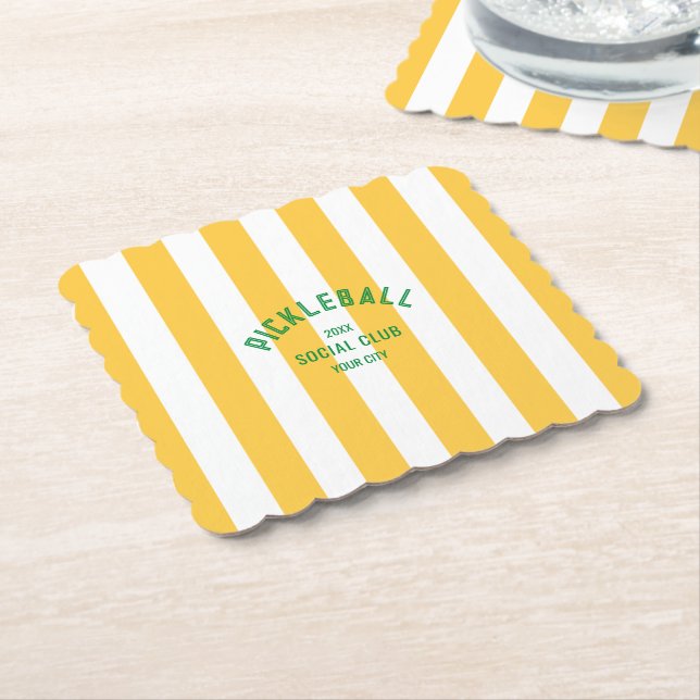 Pickleball Social Club Yellow Cabana Stripe Party Paper Coaster (Angled)