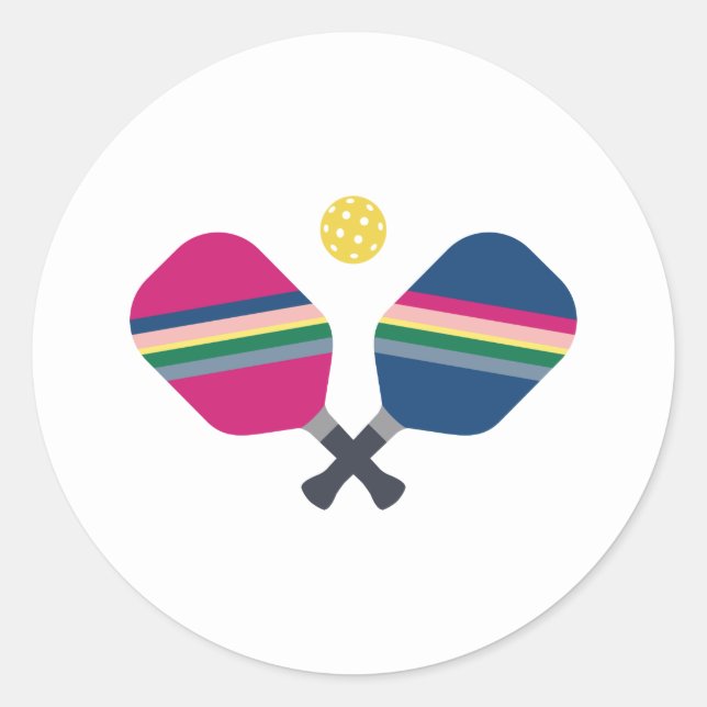 Pickleball Sport Paddle Striped Blue Classic Round Sticker (Front)