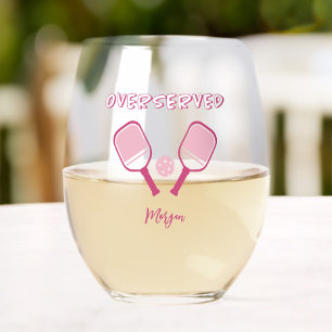 Pickleball Sports Pun Custom Name Girly Pink Fun Stemless Wine Glass