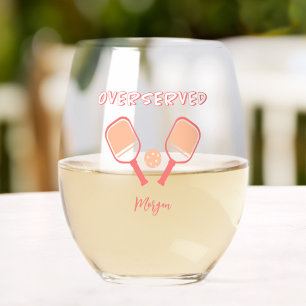 Pickleball Sports Pun Custom Name Peach Orange  Stemless Wine Glass