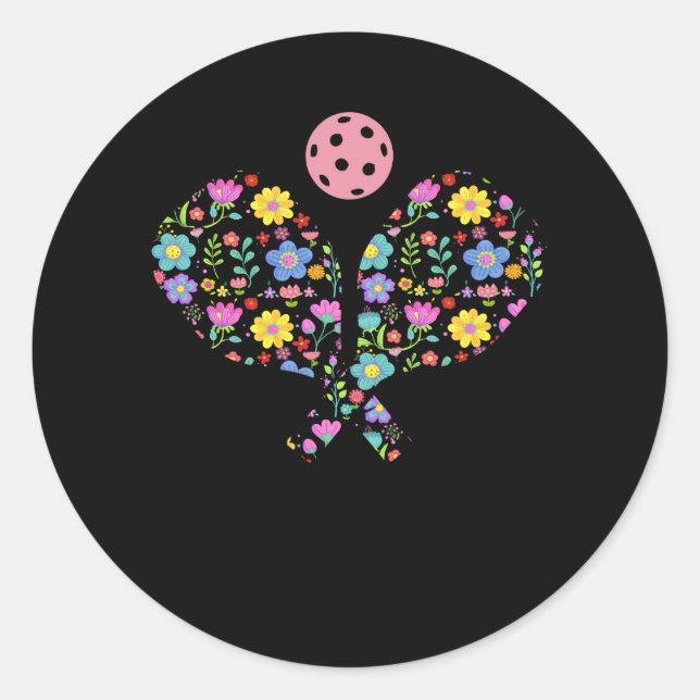 Pickleball Sports Racquet Racket Paddle Flowers Re Classic Round Sticker (Front)