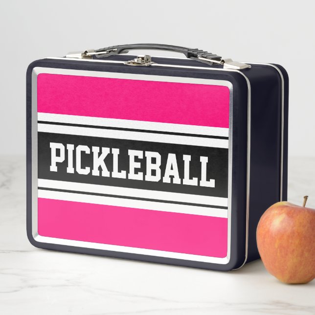 PICKLEBALL Sporty Bold Pink Black White Stripes Metal Lunch Box (In Situ)