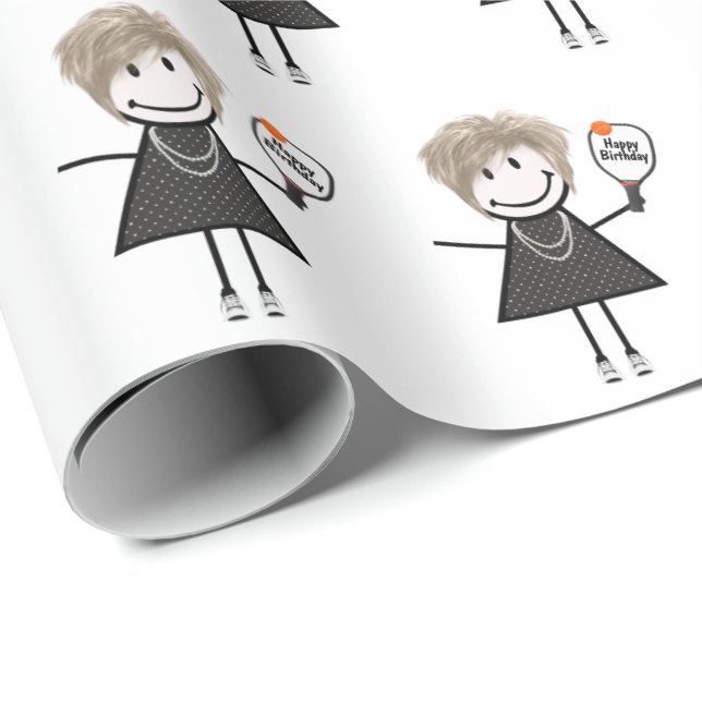 Pickleball Stick Figure Girl Wrapping Paper (Roll Corner)