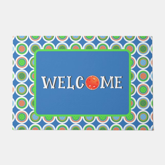 Pickleball Summer Polka Dot Orange Green Blue Ball Doormat (Front)