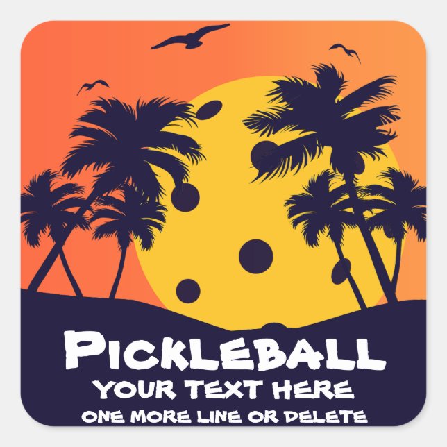 Pickleball Sun Palm Trees Add Custom Text Tropical Square Sticker (Front)